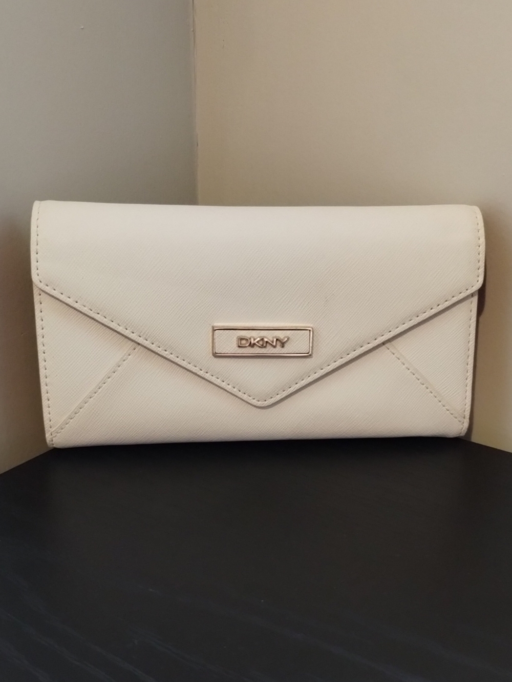 DKNY Cream Envelope Wristlet Clutch with Gold Logo Plaque